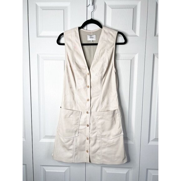 Nanushka Menphi Cream Vegan Leather V-Neck Mini Dress Women's Size Medium M - Picture 1 of 11